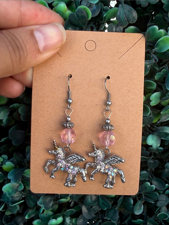 Jewelry - Handcrafted Silver Tone Unicorn Dangle Earrings with Pink Beads and Bedazzled